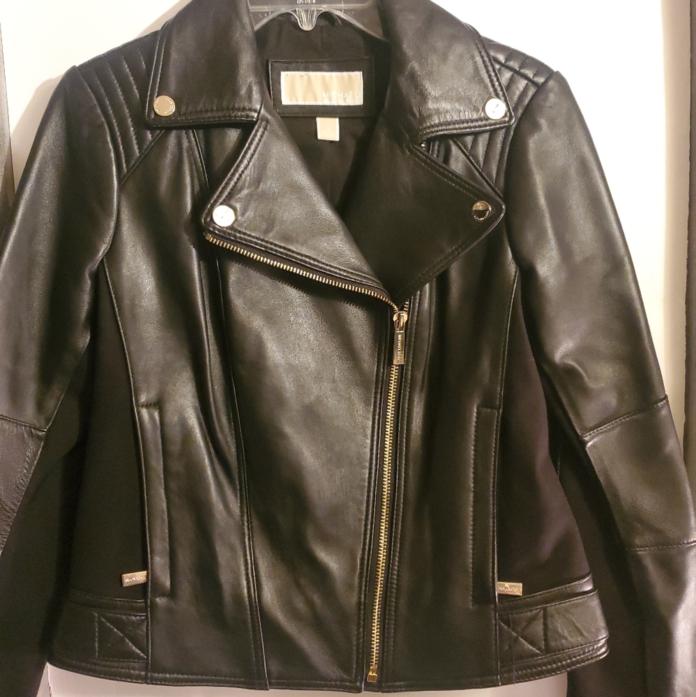 Michael Kors Genuine Leather Jacket Black Moto, cotton lining like new